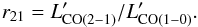 \begin{equation} \label{eq:r21_def} r_{21} = L^{\prime}_{\rm CO(2{-}1)}/L^{\prime}_{\rm CO(1{-}0)}. \end{equation}