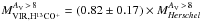Mathematical equation: \hbox{$M_{\rm VIR,H^{13}CO^+}^{A_{\rm V}\,>\,8} = (0.82\pm0.17) \times M_{\textit{Herschel}}^{A_{\rm V}\,>\,8}$}