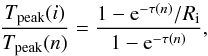 Mathematical equation: \begin{equation} \label{eq:optical_depth} \frac{T_{\rm peak}(i)}{T_{\rm peak}(n)} = \frac{1-{\rm e}^{-\tau(n)}/R_{\rm i}}{1-{\rm e}^{-\tau(n)}}, \end{equation}