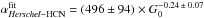 Mathematical equation: \hbox{$\alpha_{\textit{Herschel}-{\rm HCN}}^{\rm fit} = (496 \pm 94) \times G_0^{-0.24\,\pm\,0.07}$}