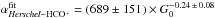 Mathematical equation: \hbox{$\alpha_{{\it Herschel}-{\rm HCO^+}}^{\rm fit} = (689 \pm 151) \times G_0^{-0.24\,\pm\,0.08}$}