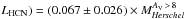 Mathematical equation: \hbox{$L_{\rm HCN}) = (0.067\pm0.026) \times M_{\textit{Herschel}}^{A_{\rm V}\,>\,8}$}
