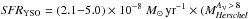 Mathematical equation: \hbox{$\textit{SFR}_{\rm YSO} = (2.1{-}5.0) \times 10^{-8}~M_{\odot}\,{\rm yr}^{-1} \times (M_{\textit{Herschel}}^{A_{\rm V}\,>\,8}$}