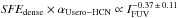 Mathematical equation: \hbox{$\textit{SFE}_{\rm dense} \times \alpha_{\rm Usero-HCN} \propto I_{\rm FUV}^{-0.37\,\pm\,0.11}$}
