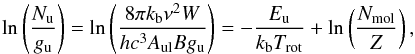 Mathematical equation: \begin{equation} \label{eq-rot-diagram} \ln \left( \frac{N_{\rm u}}{g_{\rm u}} \right) = \ln \left( \frac{8\pi k_{\rm b} \nu^2 W}{h c^3 A_{\rm ul} B g_{\rm u}} \right) = -\frac{E_{\rm u}}{k_{\rm b} T_{\rm rot}} + \ln \left( \frac{N_{\rm mol}}{Z} \right), \end{equation}