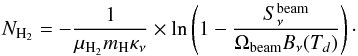 Mathematical equation: \begin{equation} \label{eq-column-density} N_{\rm H_2} = -\frac{1}{\mu_{\rm H_2} m_{\rm H} \kappa_{\nu}} \times \ln \left( 1 - \frac{S_{\nu}^{\rm beam}}{\Omega_{\rm beam} B_{\nu}(T_d)} \right)\cdot \end{equation}