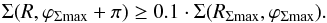 Mathematical equation: \begin{equation} \label{eq:cond_periastron} \Sigma(R, \varphi_{\Sigma\mathrm{max}}+\pi) \geq 0.1 \cdot \Sigma(R_{\Sigma\mathrm{max}}, \varphi_{\Sigma\mathrm{max}}) . \end{equation}