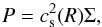 Mathematical equation: \begin{equation} \label{eq:eos} P = c_\mathrm{s}^2(R) \Sigma , \end{equation}