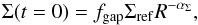 Mathematical equation: \begin{equation} \Sigma(t=0) = f_\mathrm{gap} \Sigma_\mathrm{ref} R^{-\alpha_\Sigma} , \end{equation}