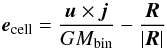 Mathematical equation: \begin{equation} \label{eq:ecc_vector} \vec{e}_\mathrm{cell} = \frac{\vec{u} \times \vec{j}}{G M_\mathrm{bin}} - \frac{\vec{R}}{|\vec{R}|} \end{equation}