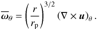 Mathematical equation: \begin{equation} \overline{\vec{\omega}}_{\theta} = \left( \frac{r}{r_{\mathrm{p}}} \right)^{3/2}\left( \nabla \times \vec{u} \right)_{\theta} . \label{eq:vort} \end{equation}