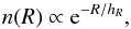 Mathematical equation: \begin{equation} \label{exp} n(R) \propto {\rm e}^{-R/h_{R}}, \end{equation}