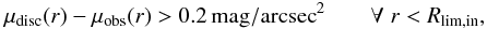 Mathematical equation: \begin{eqnarray} \mu_{\rm disc}(r) - \mu_{\rm obs}(r) > 0.2 \,{\rm mag/arcsec}^2 \qquad \forall \hspace{1mm} r < R_{\rm lim, in}, \end{eqnarray}