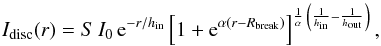 Mathematical equation: \appendix \setcounter{section}{1} \begin{equation} I_{\rm disc}(r)=S\,I_{\rm 0}\, {\rm e}^{-r/h_{\rm in}} \left[1+{\rm e}^{\alpha(r-R_{\rm break})}\right]^{\frac{1}{\alpha}\, \left(\frac{1}{h_{\rm in}} - \frac{1}{h_{\rm out}} \right)}, \label{eqn:disc_trunc} \end{equation}