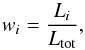 Mathematical equation: \begin{equation} w_i=\frac{L_i}{L_{\rm tot}} , \end{equation}