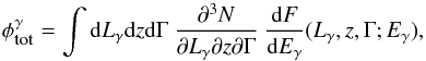 Mathematical equation: \begin{equation} \phi_{\mbox{\tiny tot}}^\gamma = \int {\rm d}L_\gamma {\rm d}z {\rm d}\Gamma\ \frac{\partial^3 N}{\partial L_\gamma \partial z \partial \Gamma}\ \frac{{\rm d}F}{{\rm d}E_\gamma}(L_\gamma,z,\Gamma;E_\gamma) \label{macacon} , \end{equation}