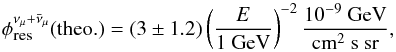 Mathematical equation: \begin{equation} \phi^{\nu_\mu+\bar{\nu}_\mu}_{\mbox{\tiny res}}\mbox{(theo.)}= (3 \pm 1.2) \left(\frac{E}{\rm 1 \ GeV} \right)^{-2} \frac{\rm 10^{-9}\ GeV}{\rm cm^2 \ s \ sr} , \end{equation}