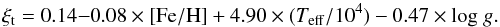 Mathematical equation: \begin{equation} \xi_{\rm t} = 0.14 {-} 0.08 \times {\rm [Fe/H]} + 4.90 \times (\Teff/10^4) - 0.47 \times {\rm log}~g. \label{formula1} \end{equation}