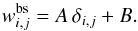 Mathematical equation: \appendix \setcounter{section}{1} \begin{equation} w^{\rm bs}_{i,j} = A \, \delta_{i,j} + B. \end{equation}