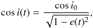 Mathematical equation: \begin{equation} \label{eq:inc_tilt} \cos i(t) = \frac{\cos i_0}{\sqrt{1-e(t)^2}}, \end{equation}