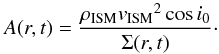 Mathematical equation: \begin{equation} \label{eq:at_sph_tilt} A(r,t) = \frac{\rhoism \vism^2 \cos i_0}{\Sigma(r,t)}\cdot \end{equation}