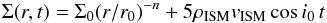 Mathematical equation: \begin{equation} \label{eq:surfdens_tilt} \Sigma(r,t) = \Sigma_0 (r/r_0)^{-n} + 5 \rhoism \vism \cos{i_0} \, t \end{equation}