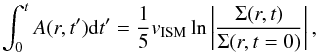 Mathematical equation: \begin{equation} \label{eq:acc_sph_tilt} \int_0^t A(r, t') {\rm d}t' = \frac{1}{5}\vism \ln \left| \frac{\Sigma(r,t)}{\Sigma(r,t=0)} \right|, \end{equation}