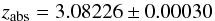 Mathematical equation: \begin{equation} z_\mathrm{abs}=3.08226\pm 0.00030 \end{equation}