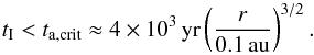 Mathematical equation: \begin{equation} t_{\rm I} < t_\mathrm{a,crit} \approx 4\times10^3\,\mathrm{yr} \left( \frac{r}{0.1\,\mathrm{au}} \right)^{3/2} \label{eq:OK13} . \end{equation}