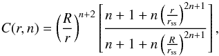 Mathematical equation: \begin{equation} C(r,n) = \left(\frac{R}{r}\right)^{n+2} \left[\frac{n+1+n\left(\frac{r}{r_{\rm ss}}\right)^{2n+1}}{n+1+n\left(\frac{R}{r_{\rm ss}}\right)^{2n+1}} \right], \label{eq:pfss2} \end{equation}