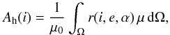 Mathematical equation: \begin{equation} \label{eq:hemispherical_albedo} A_\text{h}(i) = \frac{1}{\mu_0} \int_\Omega r(i,e,\alpha)\, \mu \, \dd\Omega, \end{equation}