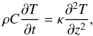 Mathematical equation: \begin{equation} \label{eq:HTE} \rho C \frac{\partial T}{\partial t} = \kappa \frac{\partial^2 T}{\partial z^2}, \end{equation}