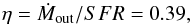 Mathematical equation: \begin{equation} \eta=\dot M_{\rm out} / SFR = 0.39 , \end{equation}