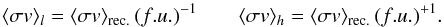 Mathematical equation: \begin{equation} \label{eq:reactionrate-narrowresonance} \langle \sigma v \rangle = \left(\frac{2\pi}{\mu k_{\rm B}T}\right)^{3/2} \hbar^2 \sum_i \omega \gamma_i {\rm e}^{-E_r/k_BT}. \end{equation}