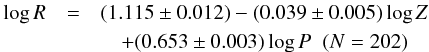 Mathematical equation: \begin{eqnarray} \log R&=& (1.115 \pm 0.012) -(0.039 \pm 0.005) \log Z \nonumber \\ & &\quad +(0.653 \pm 0.003) \log P \;\; {(N= 202)} \end{eqnarray}
