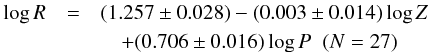 Mathematical equation: \begin{eqnarray} \log R&=& (1.257 \pm 0.028) -(0.003 \pm 0.014) \log Z \nonumber \\ && \quad +(0.706 \pm 0.016) \log P \;\; {(N= 27)} \end{eqnarray}