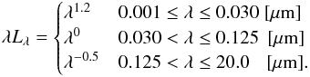 Mathematical equation: \begin{equation} \lambda L_{\lambda}=\begin{cases} \lambda^{1.2} & 0.001 \leq \lambda \leq 0.030\;{\rm [\mu m]} \\ \lambda^{0} & 0.030 < \lambda \leq 0.125\;\,{\rm [\mu m]}\\ \lambda^{-0.5} & 0.125 < \lambda \leq 20.0 \,\;\;\,{\rm [\mu m]} . \end{cases} \end{equation}