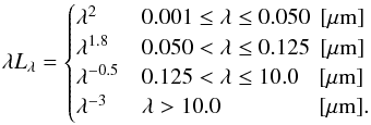 Mathematical equation: \begin{equation} \lambda L_{\lambda}=\begin{cases} \lambda^{2} & 0.001 \leq \lambda \leq 0.050\,\;{\rm [\mu m]} \\ \lambda^{1.8} & 0.050 < \lambda \leq 0.125\;\,{\rm [\mu m]}\\ \lambda^{-0.5} & 0.125 < \lambda \leq 10.0 \,\;\;\,{\rm [\mu m]}\\ \lambda^{-3} & \lambda > 10.0 \,\;\;\;\;\;\;\;\;\;\;\;\;\;\;\; {\rm [\mu m]} . \end{cases} \end{equation}