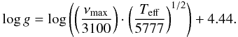 Mathematical equation: \begin{eqnarray} \log g = \log \left( \left( \frac{\nu_\text{max}}{3100} \right) \cdot \left( \frac{T_\text{eff}}{5777} \right) ^{1/2} \right) + 4.44 . \label{eq:seis} \end{eqnarray}
