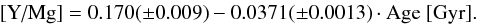 Mathematical equation: \begin{eqnarray} [\text{Y/Mg}] = 0.170(\pm0.009) - 0.0371(\pm 0.0013) \cdot \text{Age [Gyr].} \label{eq:ygmage} \end{eqnarray}