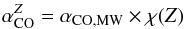 Mathematical equation: \begin{equation} \label{eq:alphaCO} \alpha_{\rm CO}^Z = \alpha_{\rm CO,MW} \times \chi(Z) \end{equation}