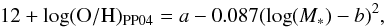 Mathematical equation: \begin{equation} \label{eq:metallicity} 12+\log({\rm O/H})_{\rm PP04} = a-0.087(\log(M_*) -b)^2 , \end{equation}