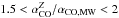 Mathematical equation: \hbox{$1.5 < \alpha_{\rm CO}^Z/\alpha_{\rm CO,MW} < 2$}