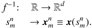 \begin{eqnarray} &f^{-1}{:}& \,\mathbb{R} \to \mathbb{R}^d\\ & s^n_m& \to \vec{x}^n_m\equiv\vec{x} (s^n_m). \nonumber \end{eqnarray}