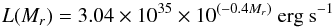 Mathematical equation: \begin{equation} \label{eq:lum} L(M_r) = 3.04 \times10^{35} \times 10^{(-0.4 M_r)} \rm ~erg ~s^{-1} \end{equation}