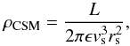 Mathematical equation: \begin{equation} \label{eq:vel} \rho_{\rm CSM} = \frac{L}{2 \pi \epsilon v_{\rm s}^3 r_{\rm s}^2}, \end{equation}