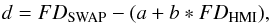 \begin{eqnarray*} d = FD_{\rm SWAP} - (a+b*FD_{\rm HMI}), \end{eqnarray*}
