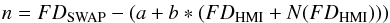 \begin{eqnarray*} n = FD_{\rm SWAP} - (a + b*(FD_{\rm HMI}+N(FD_{\rm HMI}))) \end{eqnarray*}