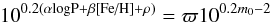 \begin{equation} \label{eq:plz_fit} 10^{0.2(\alpha \textrm{logP} + \beta \textrm{[Fe/H]}+ \rho)} = \varpi 10^{0.2{m_0}-2} \end{equation}