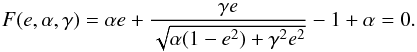 \begin{equation} F(e,\a,\ga) = \a e + \frac{\ga e}{\sqrt{\a(1-e^2) +\ga^2e^2}} -1 +\a =0. \label{colli} \end{equation}